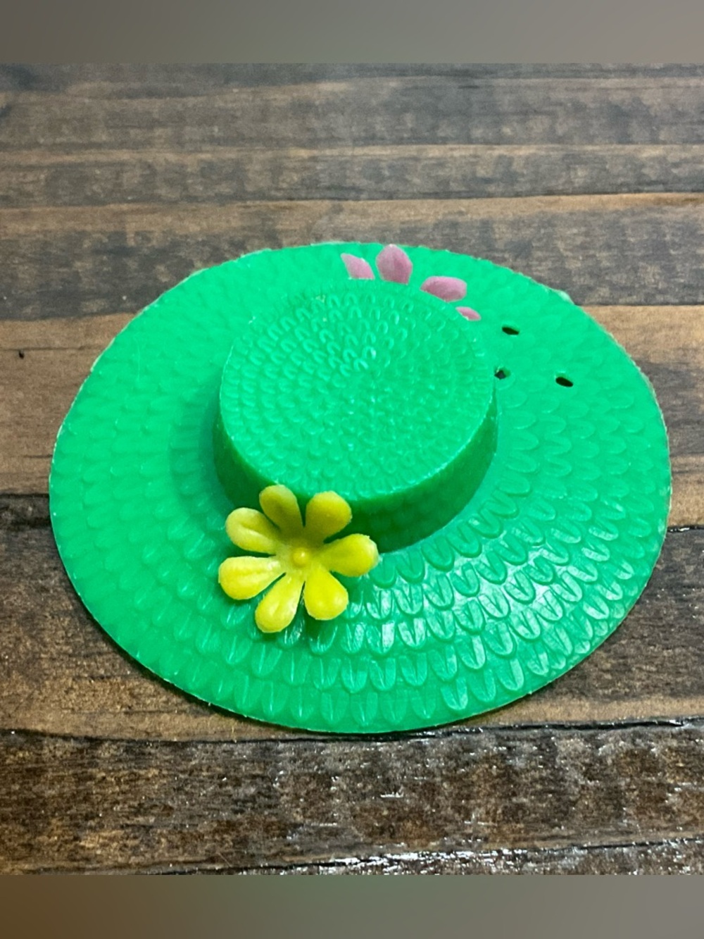 Vintage Plastic Doll Hat Green with Flowers Hong Kong 1960s